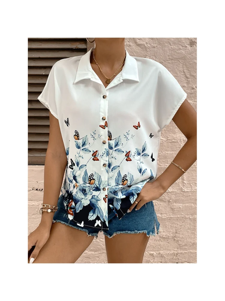 

2023 New Summer Printed Cardigan Loose Short Sleeve Women's Shirt Pleated Skirt