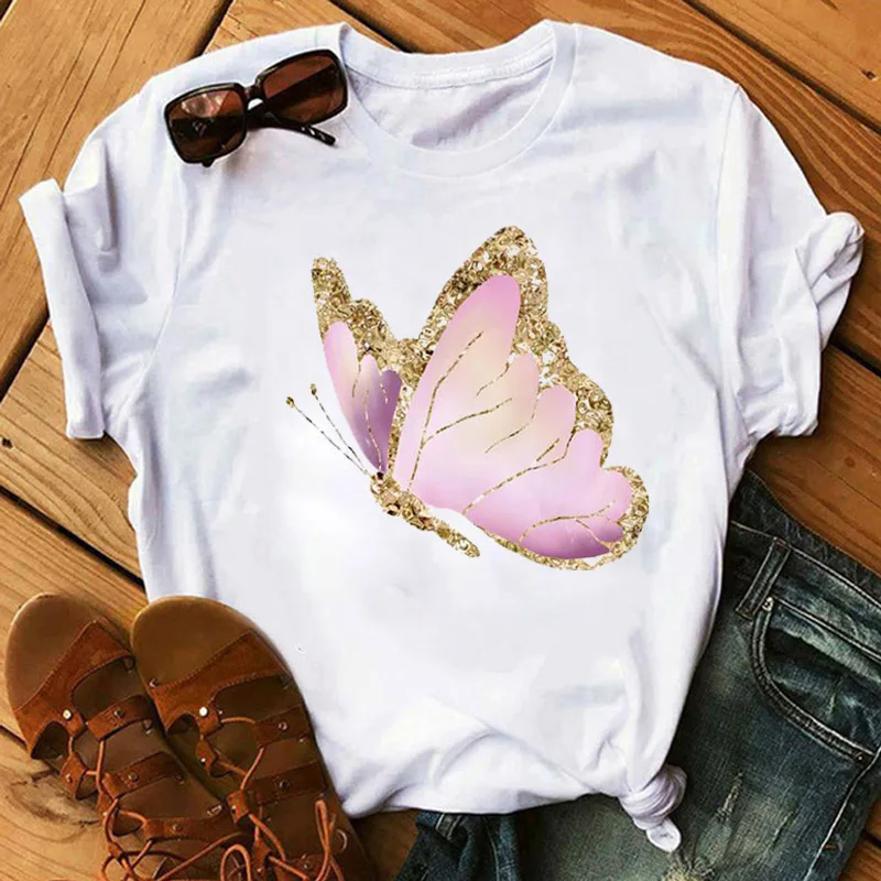 

Women T Shirt Watercolor Butterfly Print Short Sleeve Tops Tee Cute Graphic Cartoon Fashion Summer Female Ladies T-Shirt Clothes