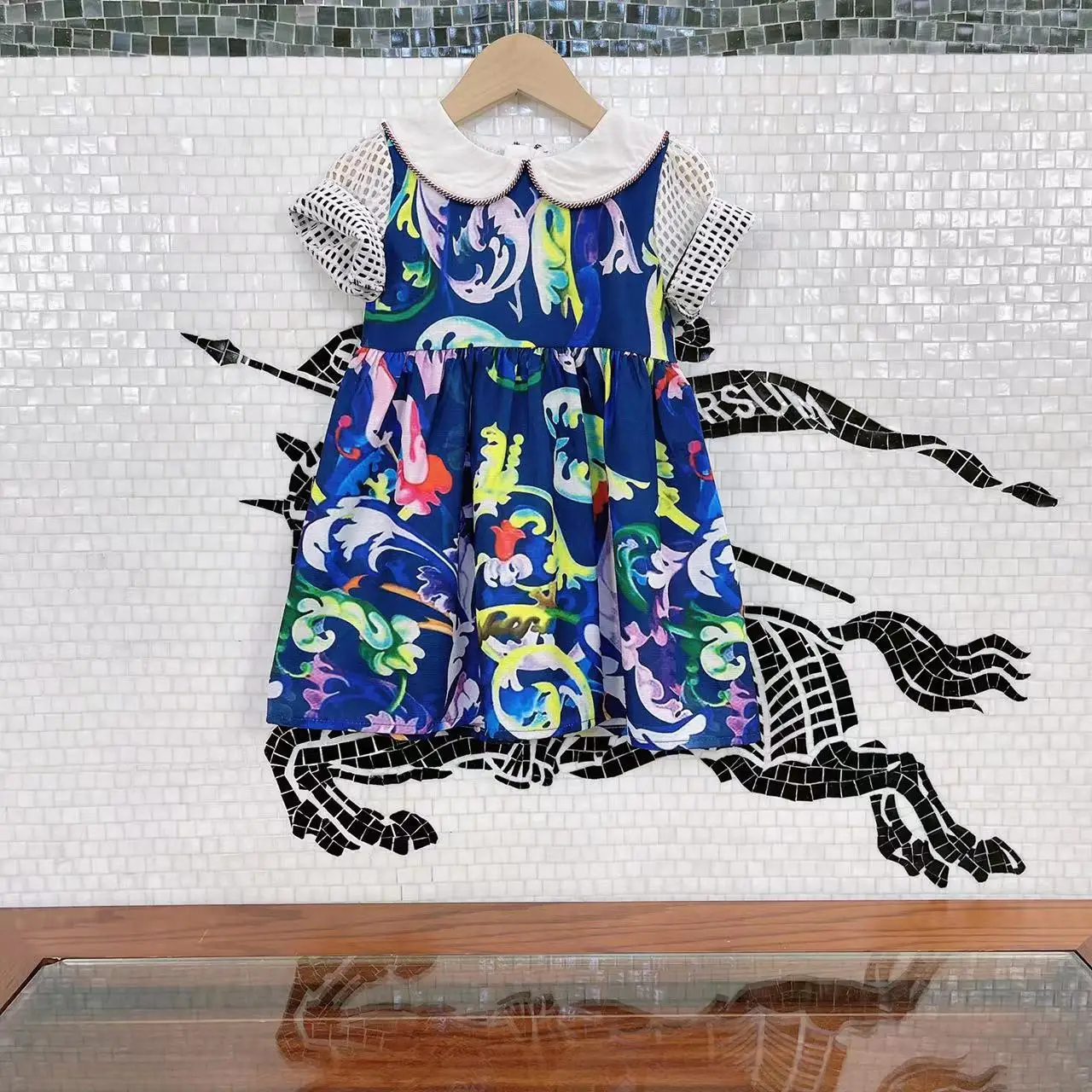 

Girls baby multicolor floral design children's wear doll collar leak hole short sleeve summer dress high quality