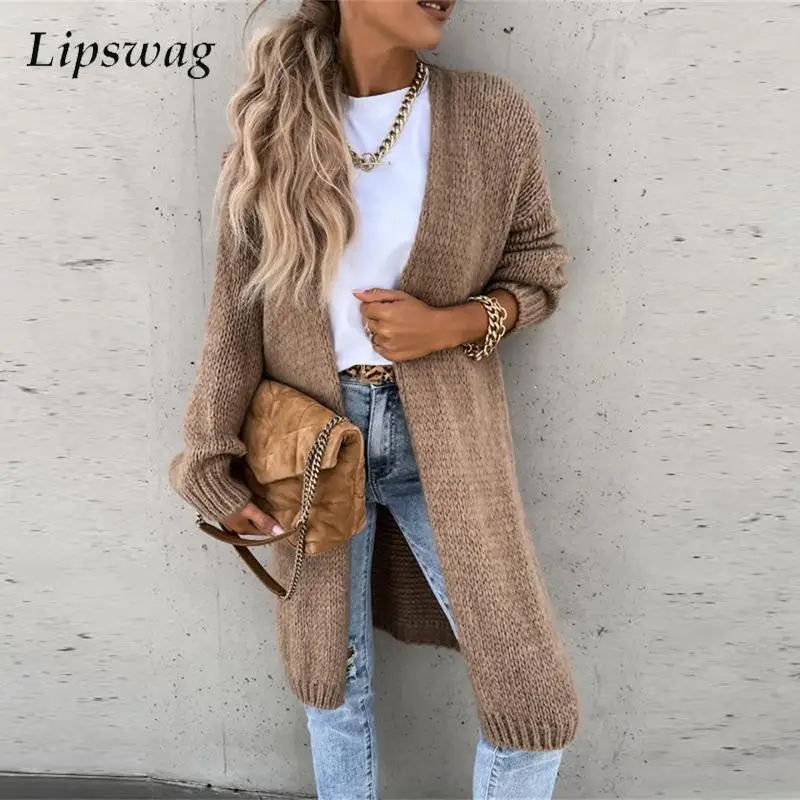 

Fashion Solid Soft Waxy Knit Sweater Autumn Winter Casual Loose Long Sweater Cardigan Elegant V Neck Long Sleeve Cardigan Coats