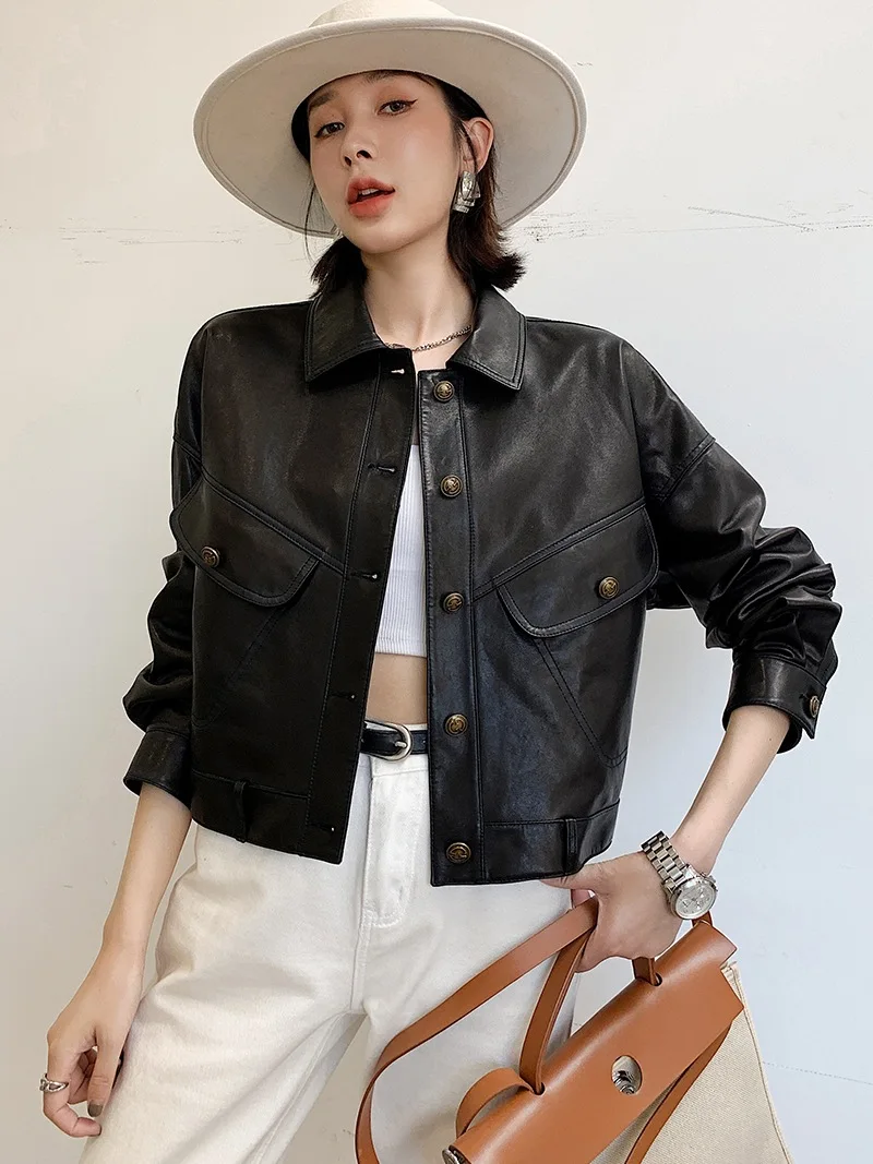 2022 Spring and Autumn New Leather Jacket Women's Slim Sheepskin Motorcycle Jacket S18