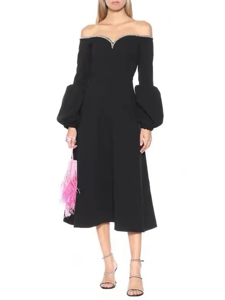 

Self-Portrait 2022 Spring New Design Women's Black Crystal-embellished Flare Sleeve Midi Dress