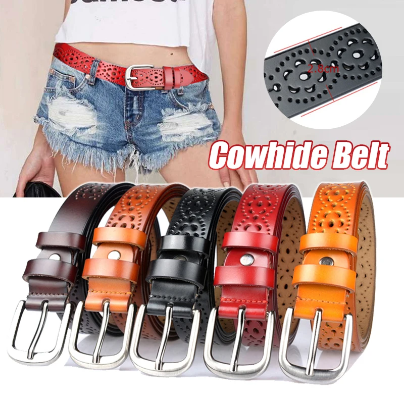 New Style Women Cowhide Belt Personality Hollow Fashion Cowhide Pin Buckle Belt Women Jeans Dress Waist Straps Decor