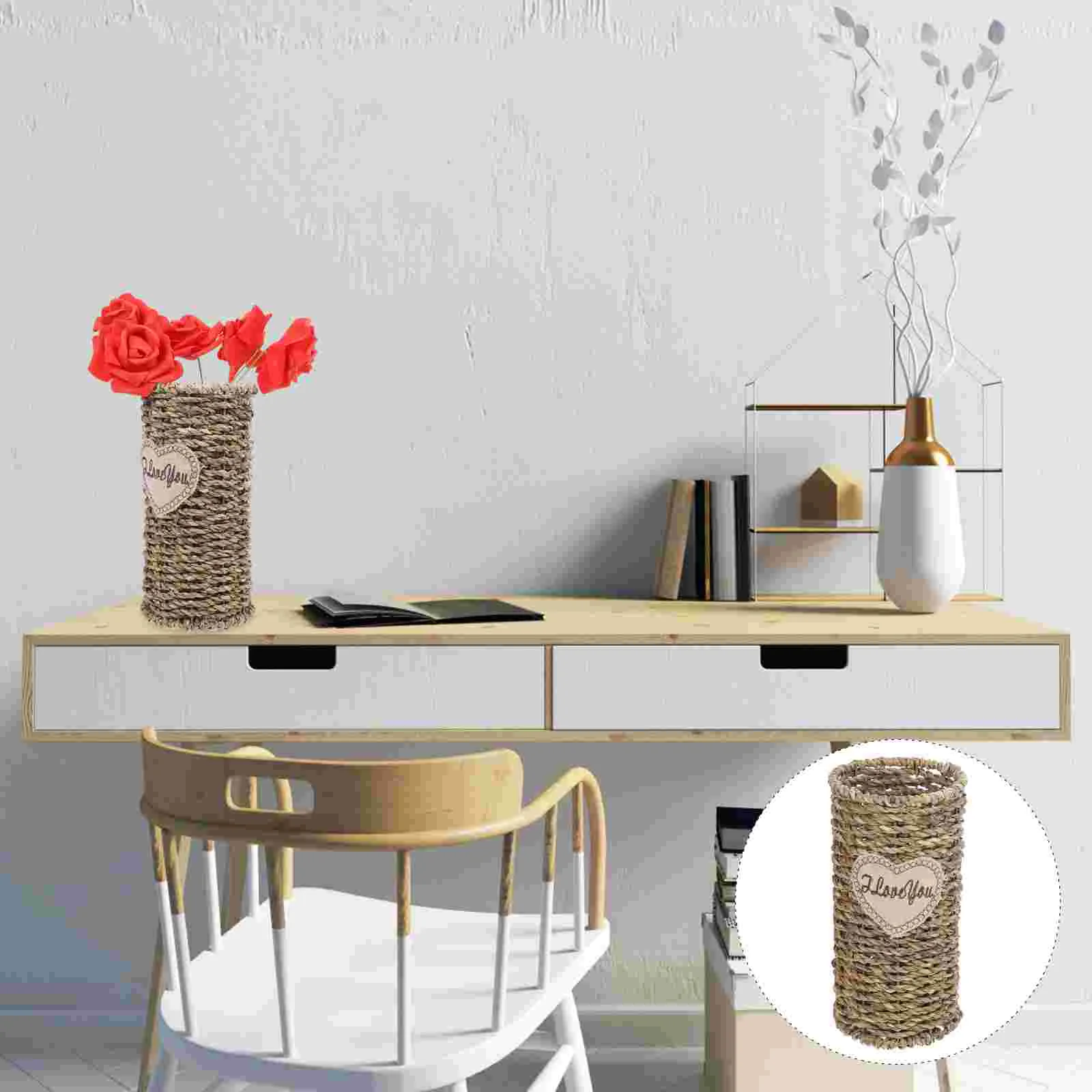 

Vase Flower Woven Planter Farmhouse Pot Office Container Desktop Rustic Wedding Dried Rattan Arrangement Basket Seagrass Bouquet