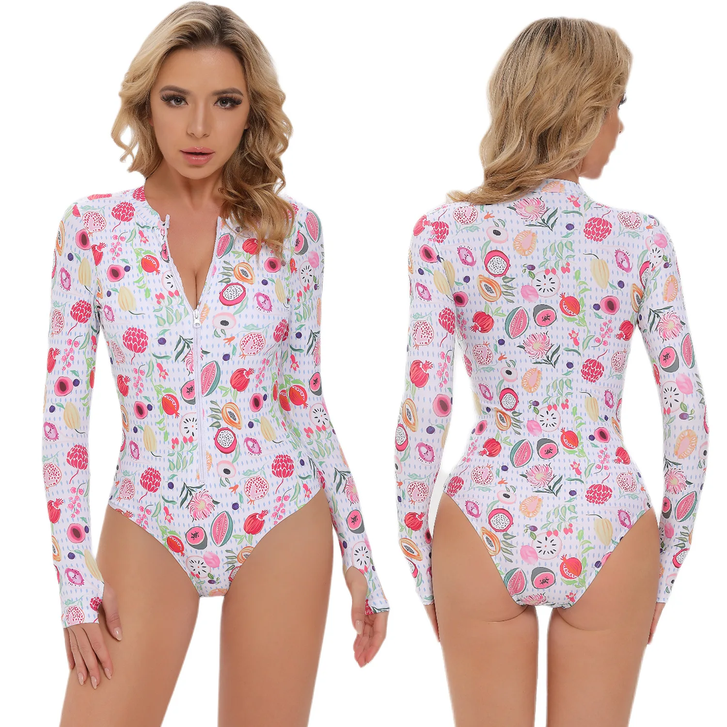 Women's Swimwear 2022 Summer Zipper Swimsuit Women's Sports Long Sleeved Swimsuit Printed Sunscreen Surf Suit