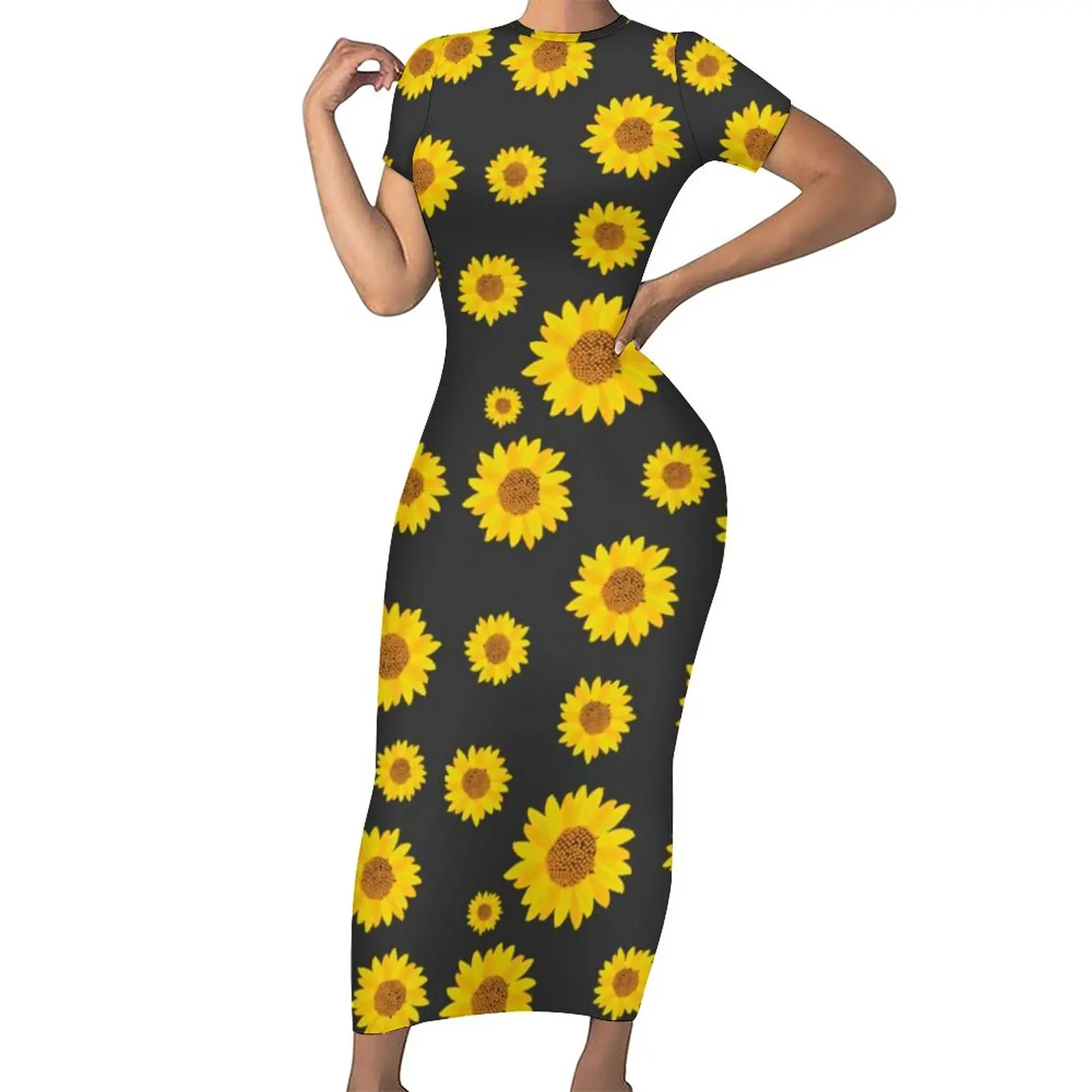 

Cute Sunflower Dress Aesthetic Floral Print Street Style Bodycon Dress Short Sleeve Modern Maxi Dresses Custom Oversize Clothes
