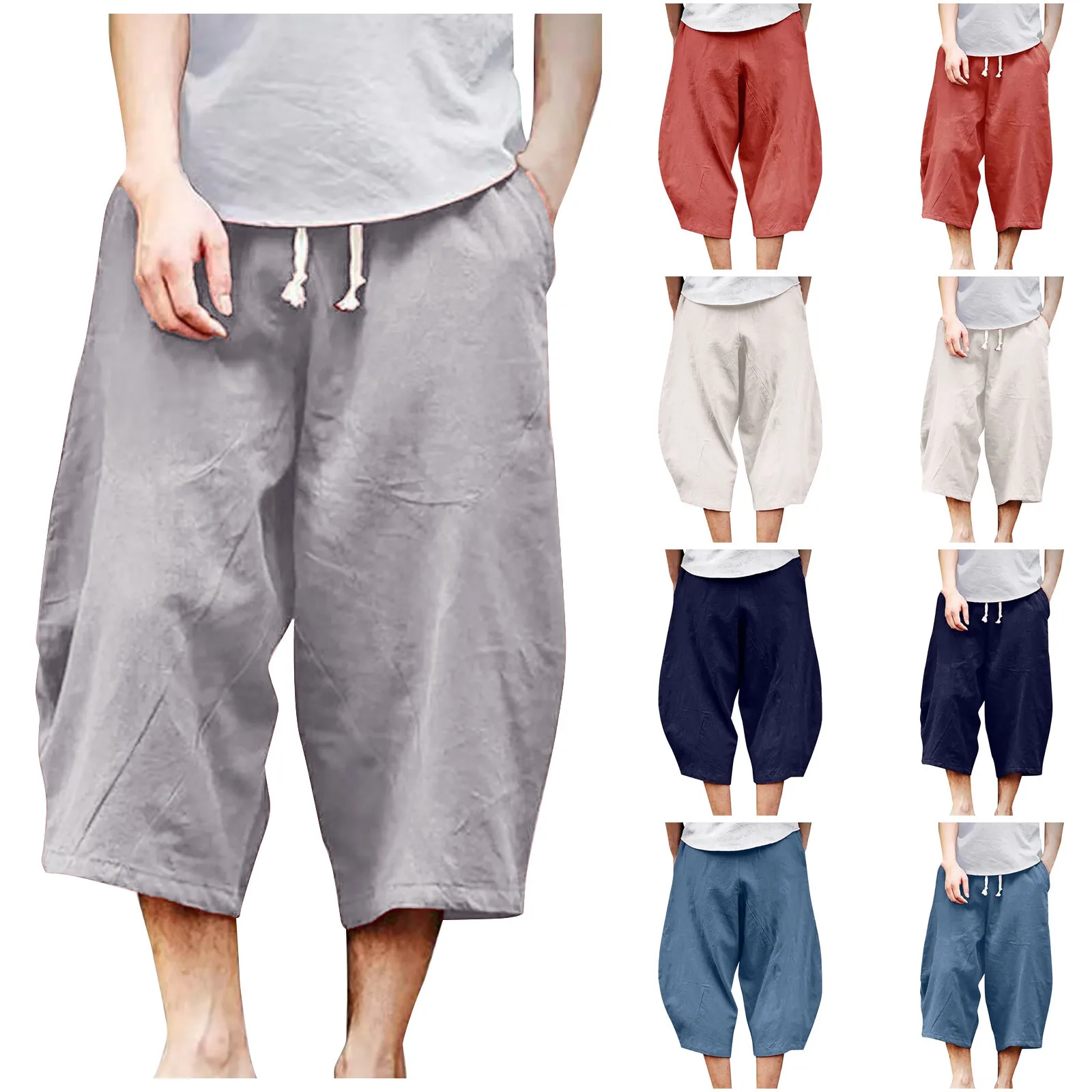 

2022 New Fashion Men Casual Harem Pants Summer Trousers Mens Cotton Linen Pants Male Chinese Style Solid Calf-length Pants 3xl