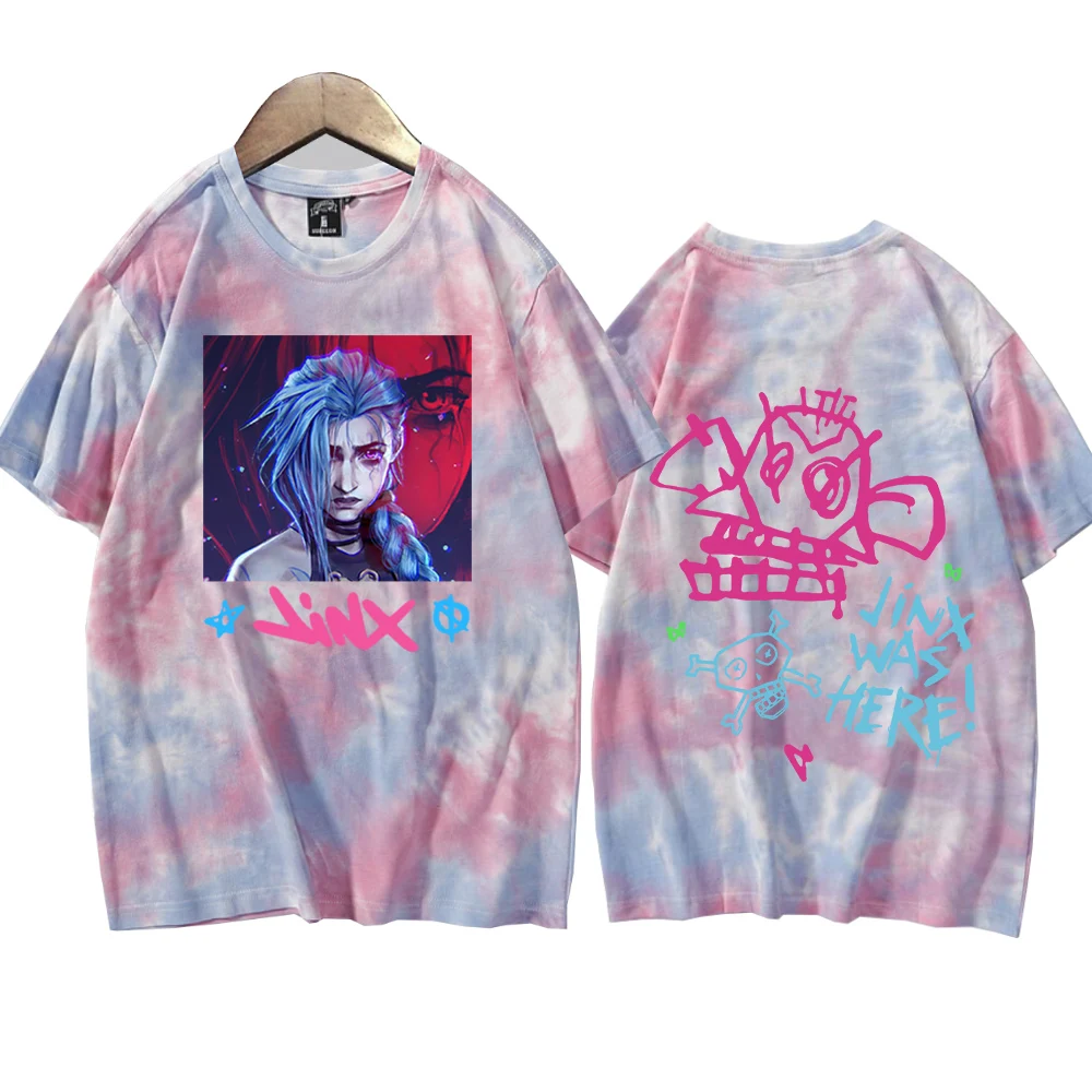 Jinx-Arcane Аниме Tie Dye Рубашки Унисекс Футболка с круглым вырезом и короткими рукавами