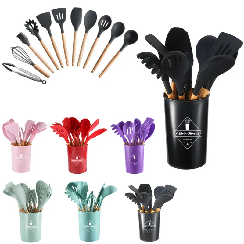 

Silicone Cookware Cooking Set Wooden Handle Spatula Soup Spoon Brush Ladle Pasta Colander Non-stick Utensilios Kitchen Tools Set