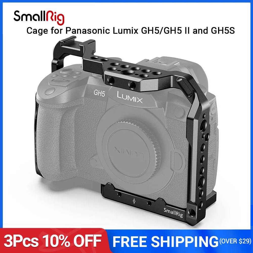 

Клетка SmallRig GH5 для камеры Panasonic Lumix GH5/GH5S, клетка с отверстиями для резьбы 1/4 '3/8' + Холодный башмак + НАТО Rail -2646