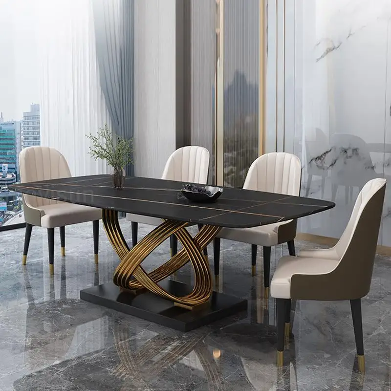 

Modern Dining Table With Stainless Steel Finish Black White Desk Top For Six People Home Rectangle Muebles Balcony Furniture FGM