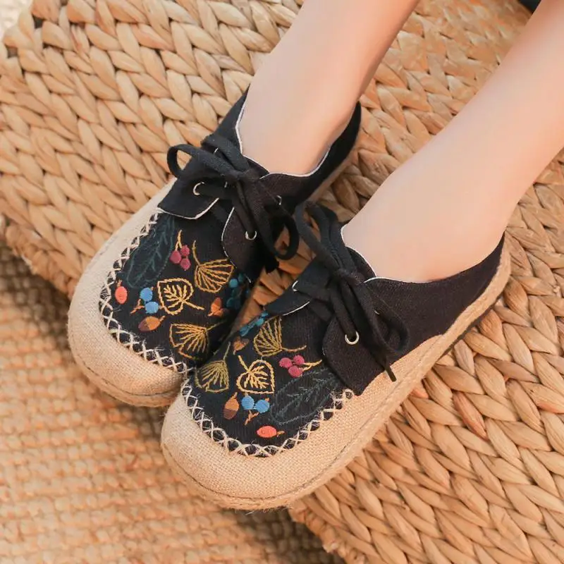 

YourSeason Ladies Cotton Linen Shoes Lace Up 2022 Spring Autumn Round Toe Embroider Concise Comfortable Handmade Women Flats