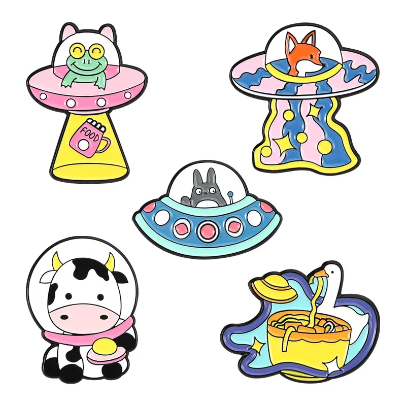 

Cartoon Planet Enamel Pins Cute Animal Frog/ Duck/ Fox/ Cow/ Flying UFO Matal Lapel Badge Brooch for Jewelry Accessory