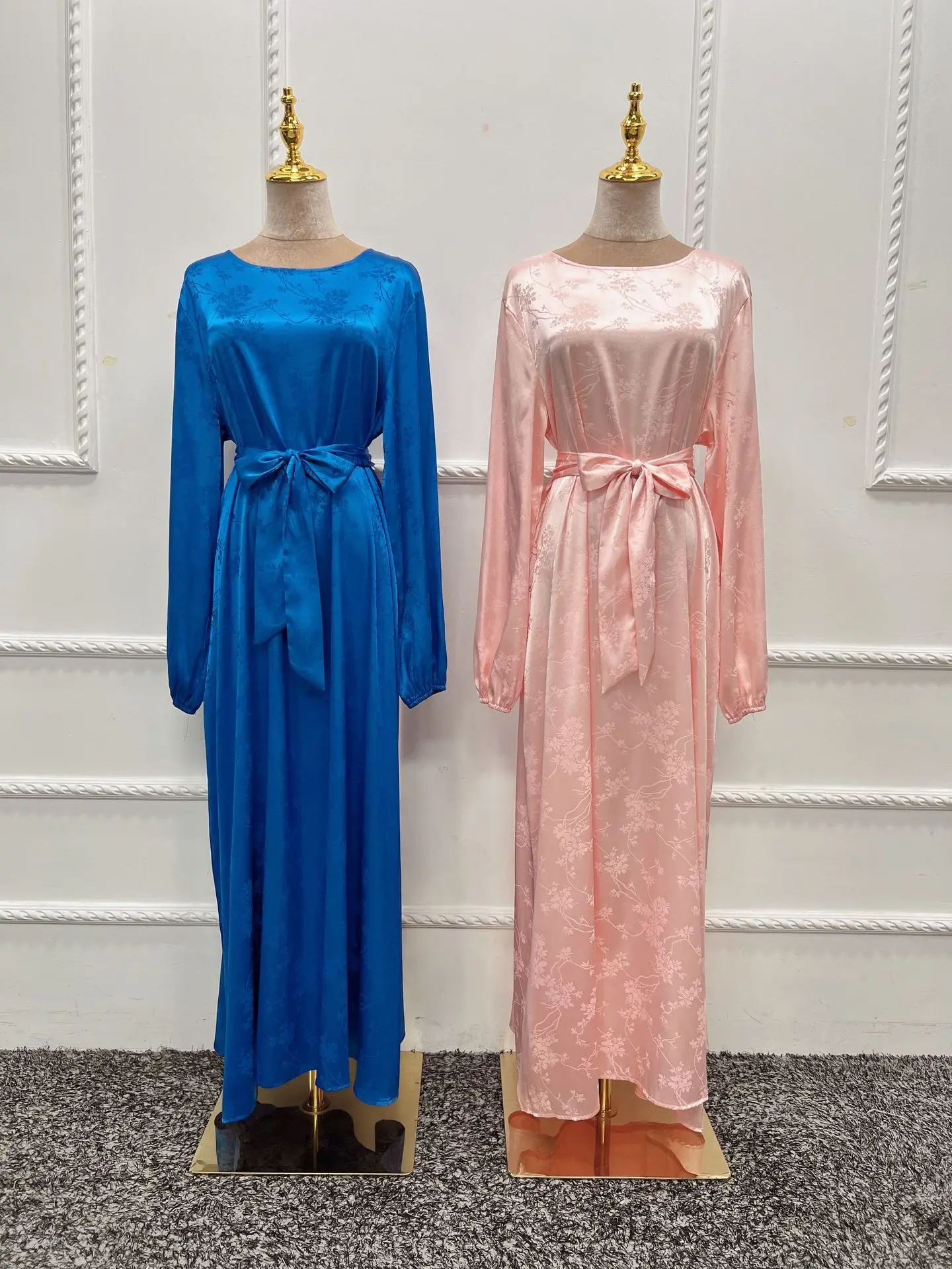 Eid Silk Feeling Jacquard Puff Sleeve Satin Abaya Dress with Hijab Scarf for Muslim Women Islamic Dresses Dubai Turkey Kaftan