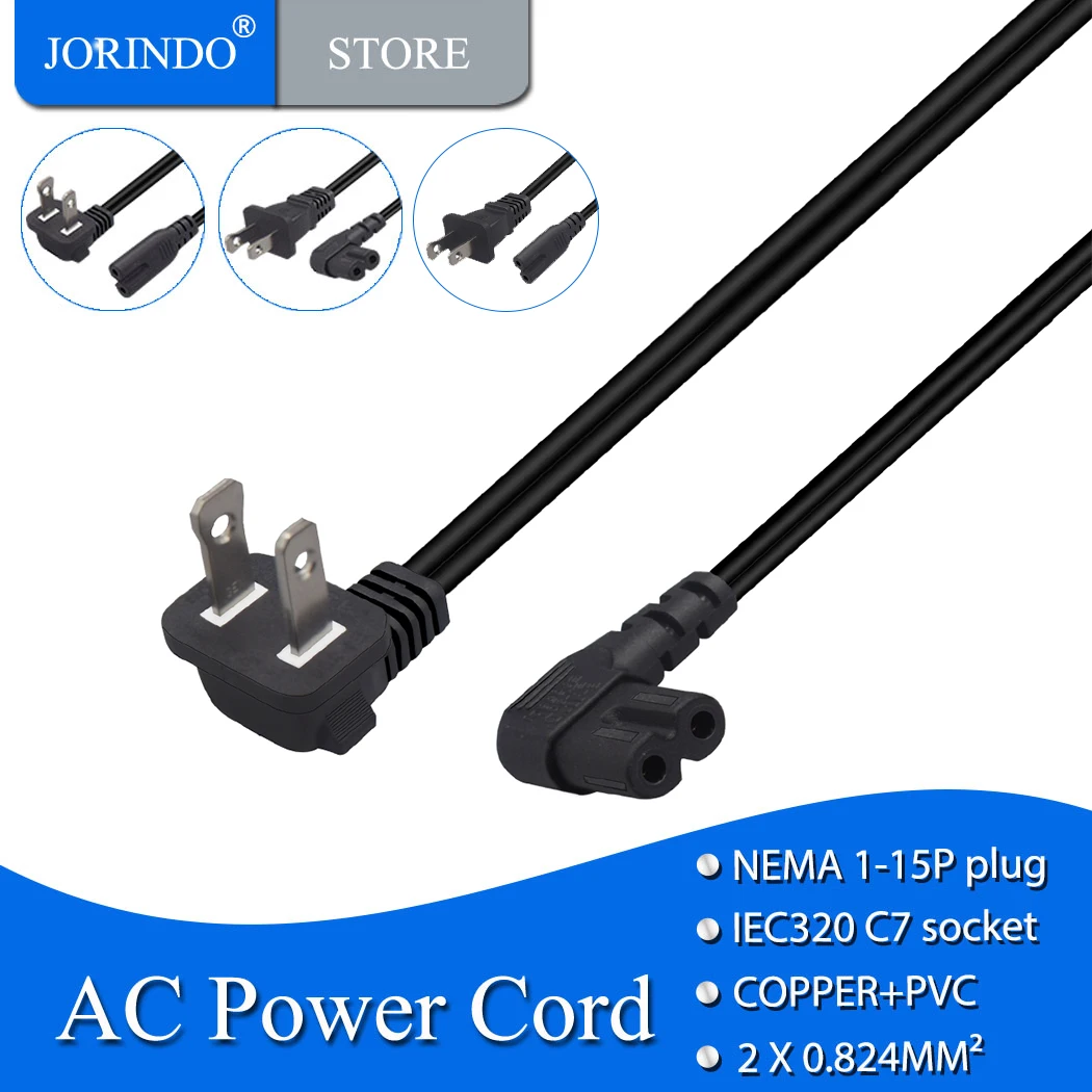 Jorinдо 18AWG NEMA 1-15P до IEC320 C7 полярность американский стандарт 2-контактный коленчатый Рисунок 8 Форма Боковой изгиб шнур питания 1,92 м