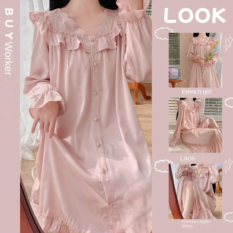 

Женская пижама в дворцовом стиле, свободная Ночная рубашка в стиле ретро с длинным рукавом и рюшами, на шнуровке, однотонная Пижама для женщ...