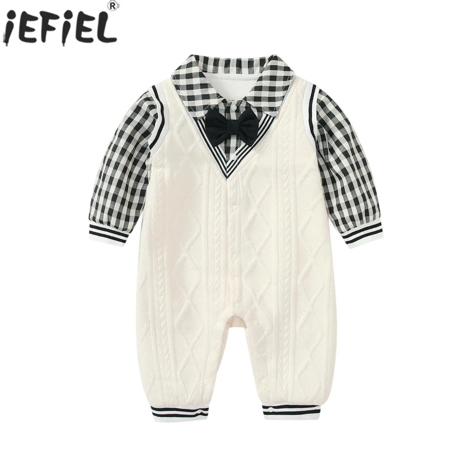 

0-18M Baby Boys Christening Gentleman Suit Long Sleeve Turndown Collar Bow Fake Two-piece Romper for Wedding Birthday Party Prom