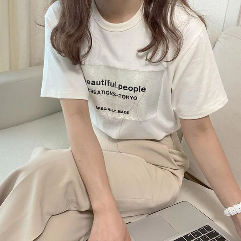 

Women Summer White Letter Print Casual Tees Patchwork Fashion All-match Wear Girl T-Shirt High Street Tops OL Work Sports Dating