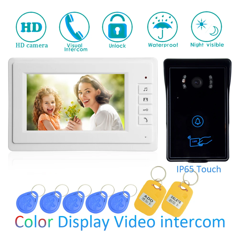 (1 set)7 Inch Doorbell Intercom System Video Door Phone Speaker Outdoor Inductive Card Touch Panel Waterproof IP55