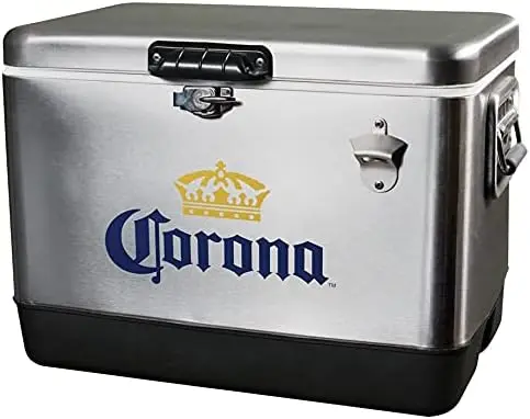 

Chest Beverage Cooler with Bottle Opener, 51L (54 qt), 85 Can stainless steel Portable Cooler, Silver and Black, for Camping, Be