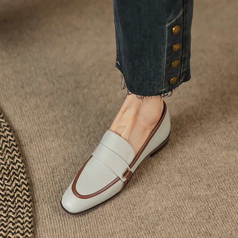 Concise Comfortable Women Flats Working Casual Metal Buckle Mixed Colors Genuine Leather Shoes Woman 2023 Spring Summer New