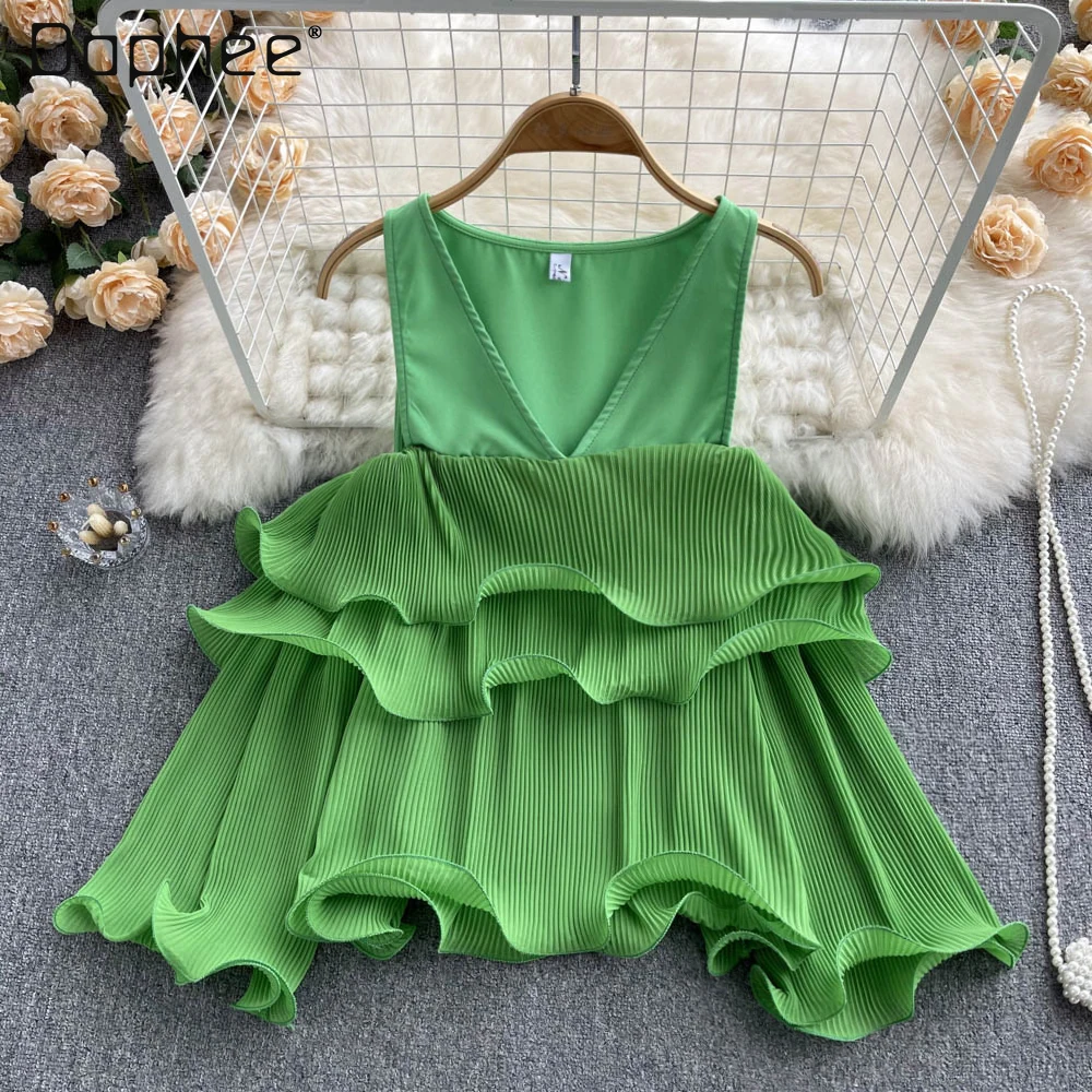 

Summer 2022 Korean Style Sweet Green Ruffle Top Fashion Solid Color Off-the-Shoulder Fairy Princess Irregular Shirt Women Blouse