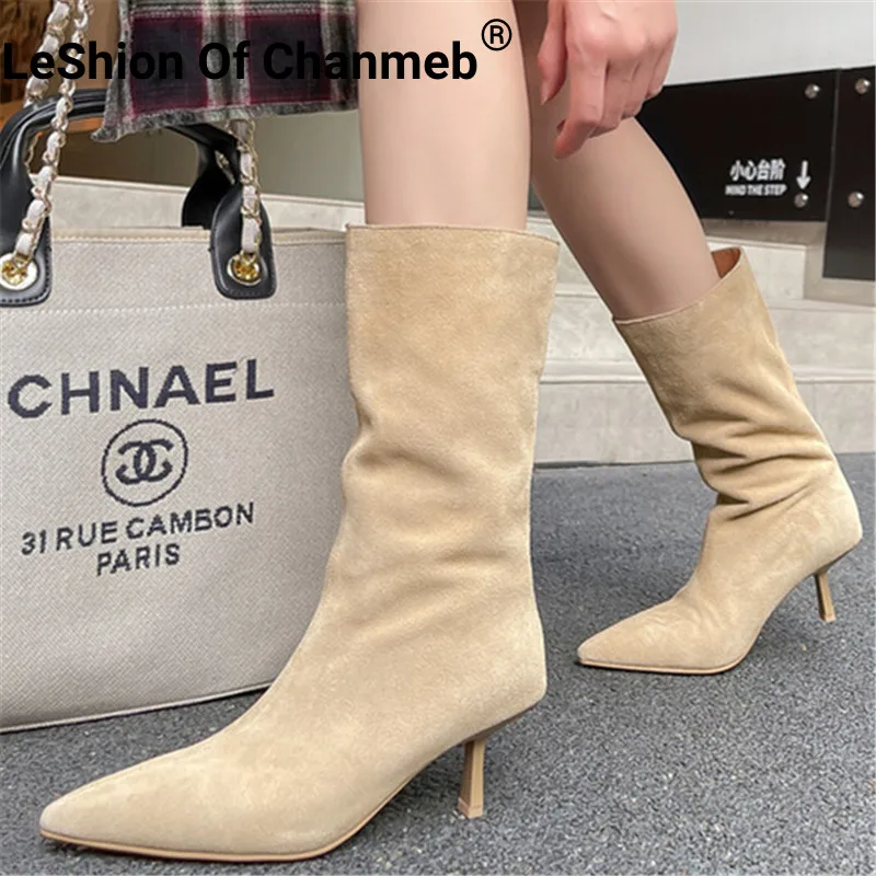 

LeShion Of Chanmeb Soft Cow Suede Women Mid-calf Boots Wide Calf Slip-on Stiletto Boot Pointed Toe Thin High Heels Nude Shoes 39