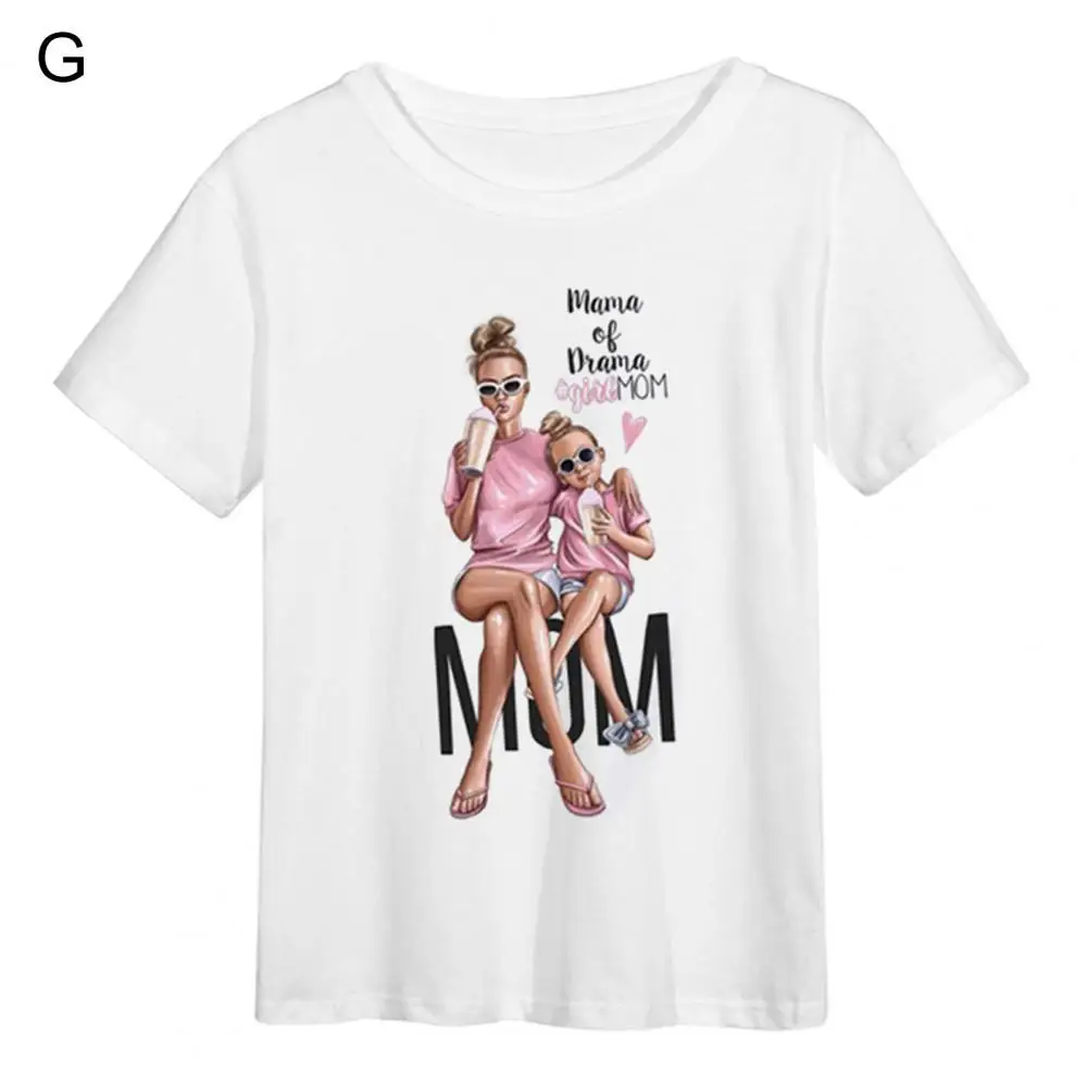 

Mon Kids Printed Women Tee Top Anti-deform Exquisite Edging Polyester Women T-shirt for Daily