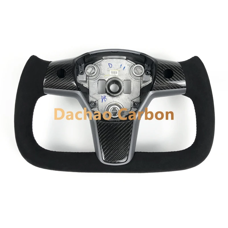 

9040 Black Alcantara Yoke Steering Wheel for Tesla Model 3 Model Y Glossy Carbon Fiber Customized
