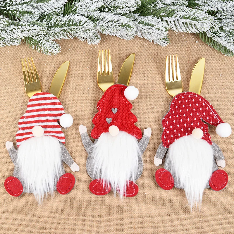

2pcs/set Christmas Cutlery Bag Cover Knife Fork Storage Bag Faceless Gnomes Santa Claus Xmas Tableware Holder Bag New Year Decor