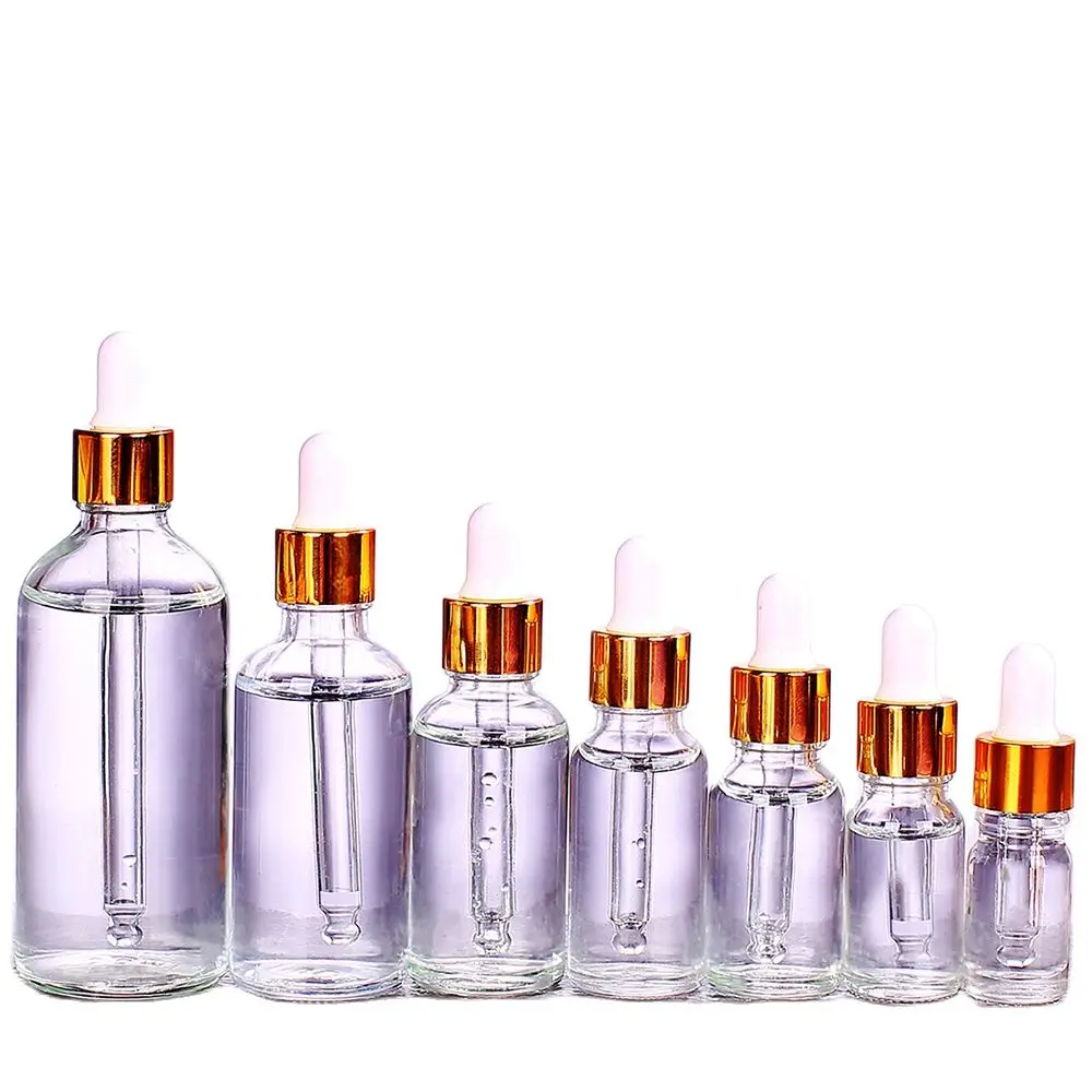 

5ml,10ml,15ml,20ml,30ml,50ml,100ml Clear Glass Bottles with Dropper DIY Empty Sample Vials Essential Oil Bottle Gold Rim