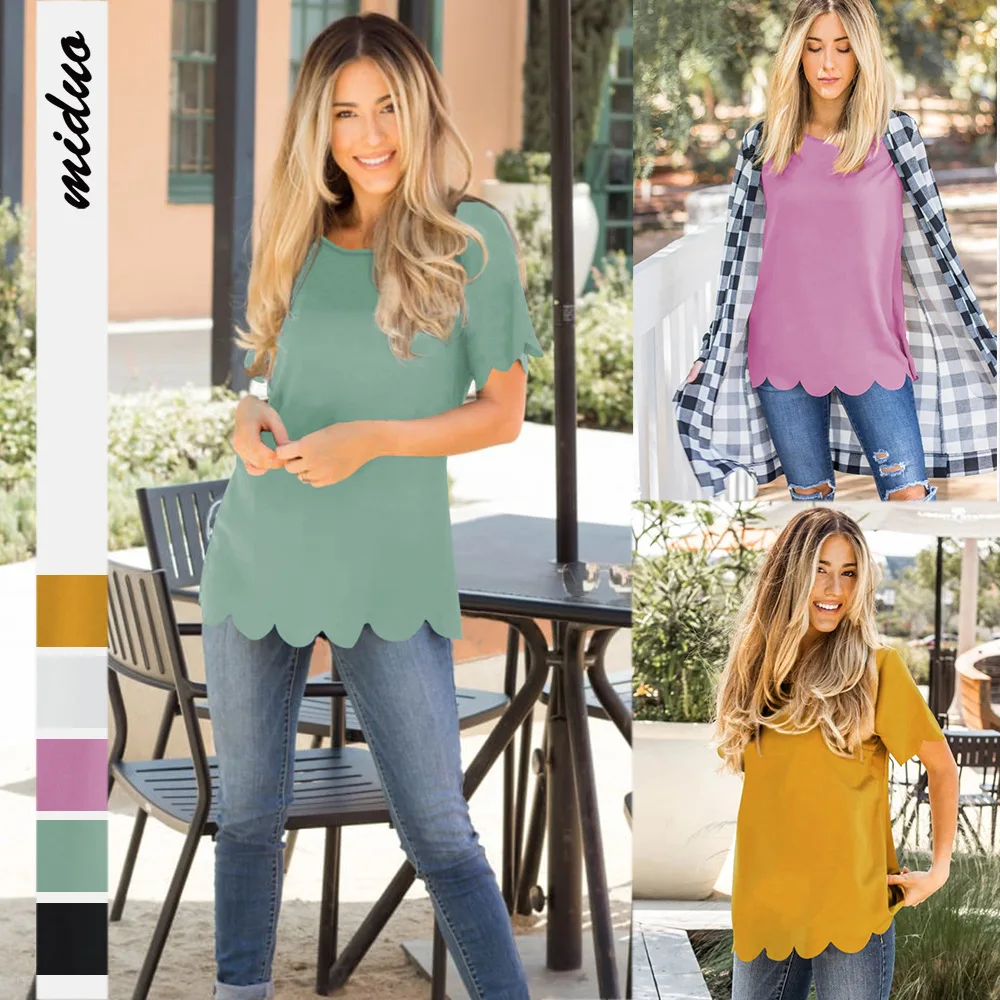 

European and American New Solid Color Fashion Women's round Neck Pullover Loose Short Sleeve T-shirt Wavy Edge Casual Top