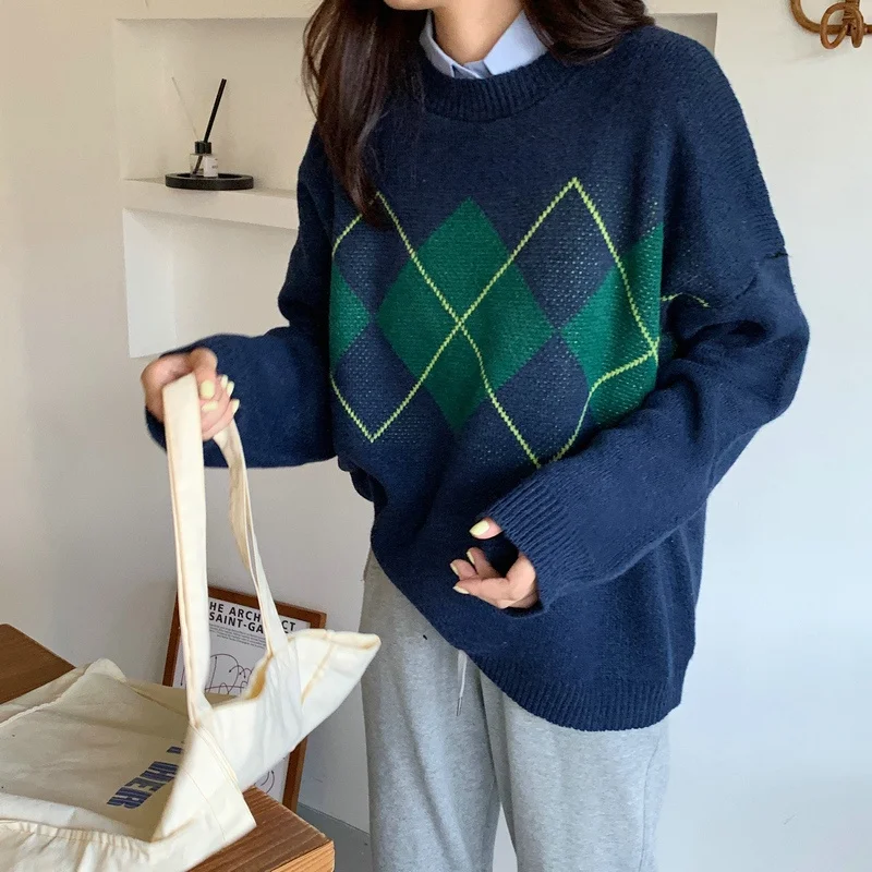 Zuoan корейский новый клетчатый свободный свитер женский осенний с круглым вырезом