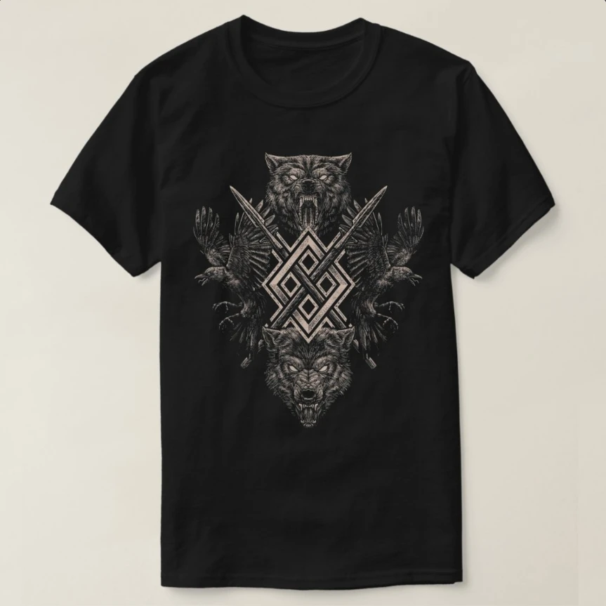 Футболка в готическом стиле Norse Myth Odin Ravens and Wolves 100% хлопок с круглым вырезом летняя