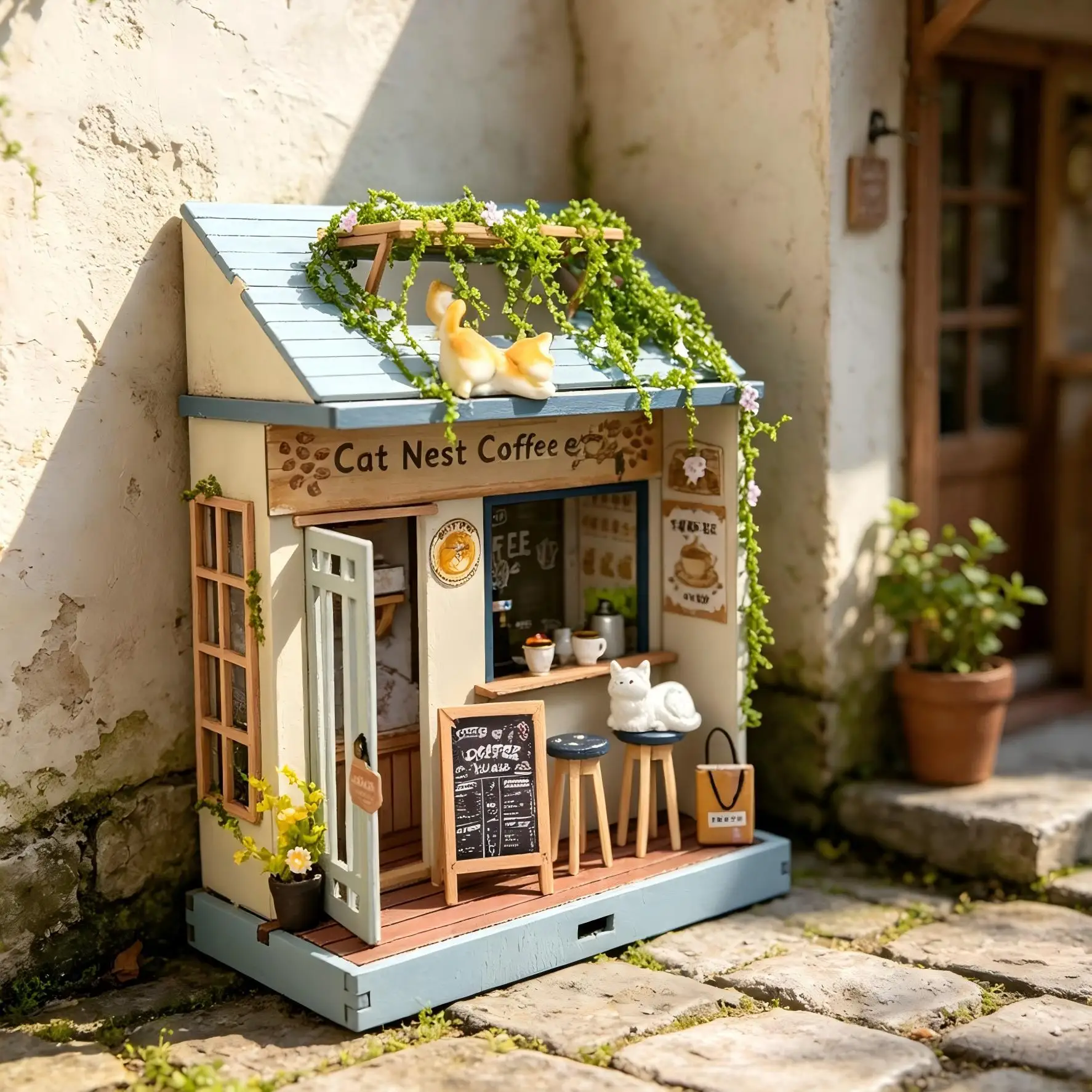 Фото Набор для сборки 3D-пазлов DIY: деревянный кофейный домик-котельня с подсветкой, миниатюрная модель, подарок для друзей и девушек на день рождения №1