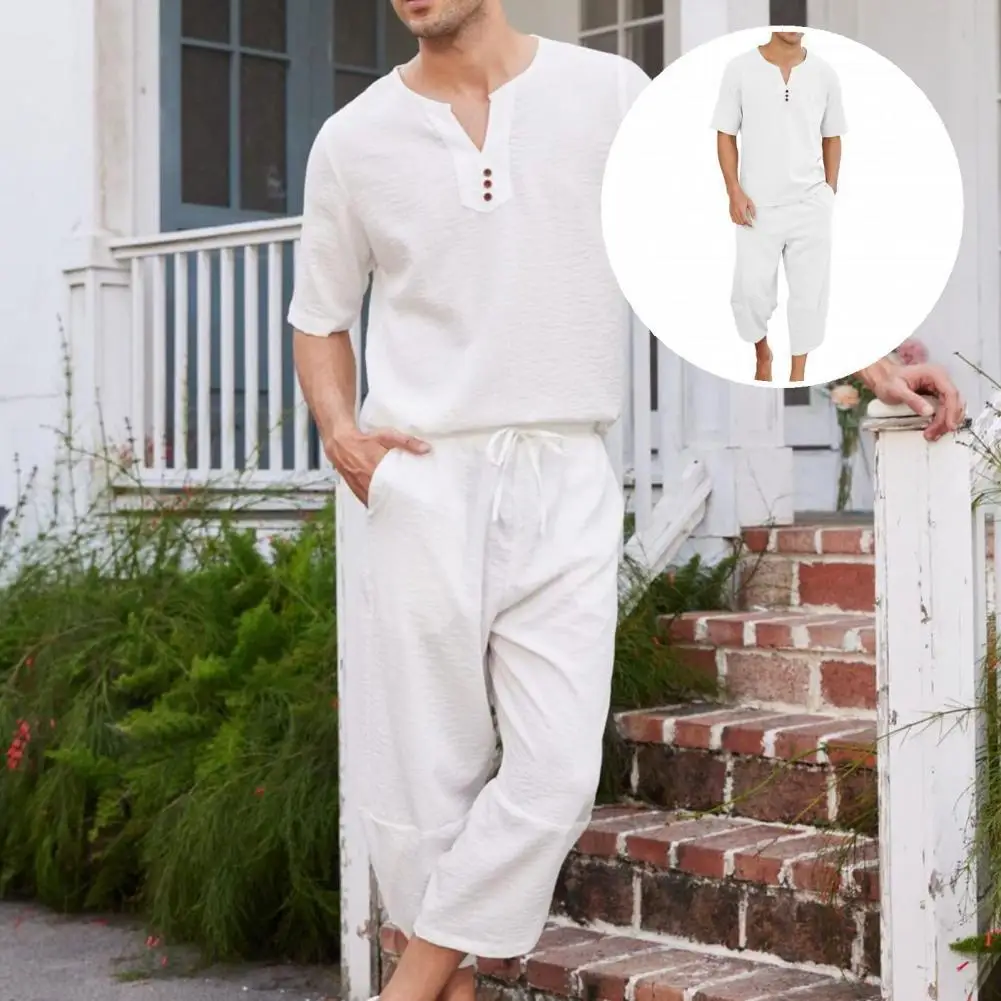 

2 Pcs/Set Chic Summer Top Pants Set Loose Drawstring Summer Tracksuit Soft Summer Tracksuit for Holiday Men Top Pants Set