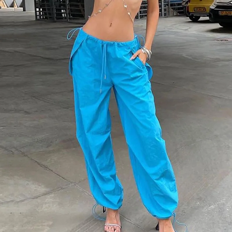 

Light Blue Low Rise Cargo Pants Fashion Streetwear Women Hippie Harem Pants Baggy Pocket Casual Jogging Pants Capris