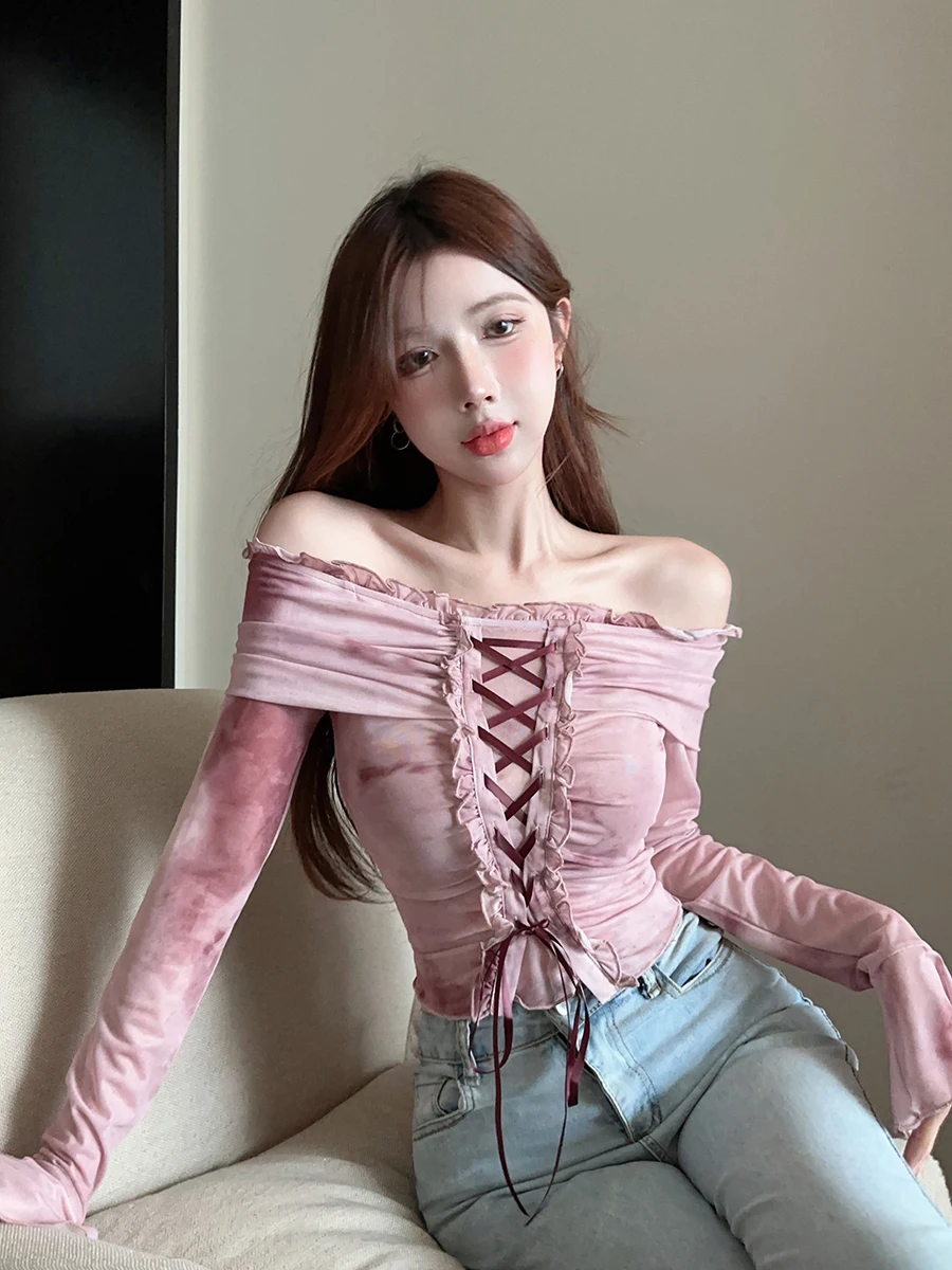 RORORIRI Grayu Desire женская футболка на одно плечо с расклешенными рукавами шнуровка