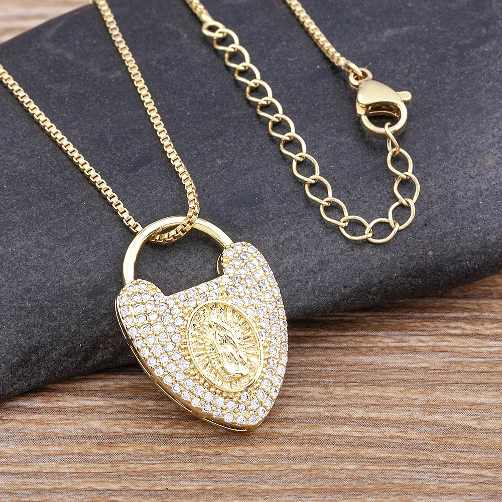 

High Quality Virgin Mary Glittering Crystal Pendant Necklace Gold Classic Long Chain Copper Zircon Women's Religious Jewelry