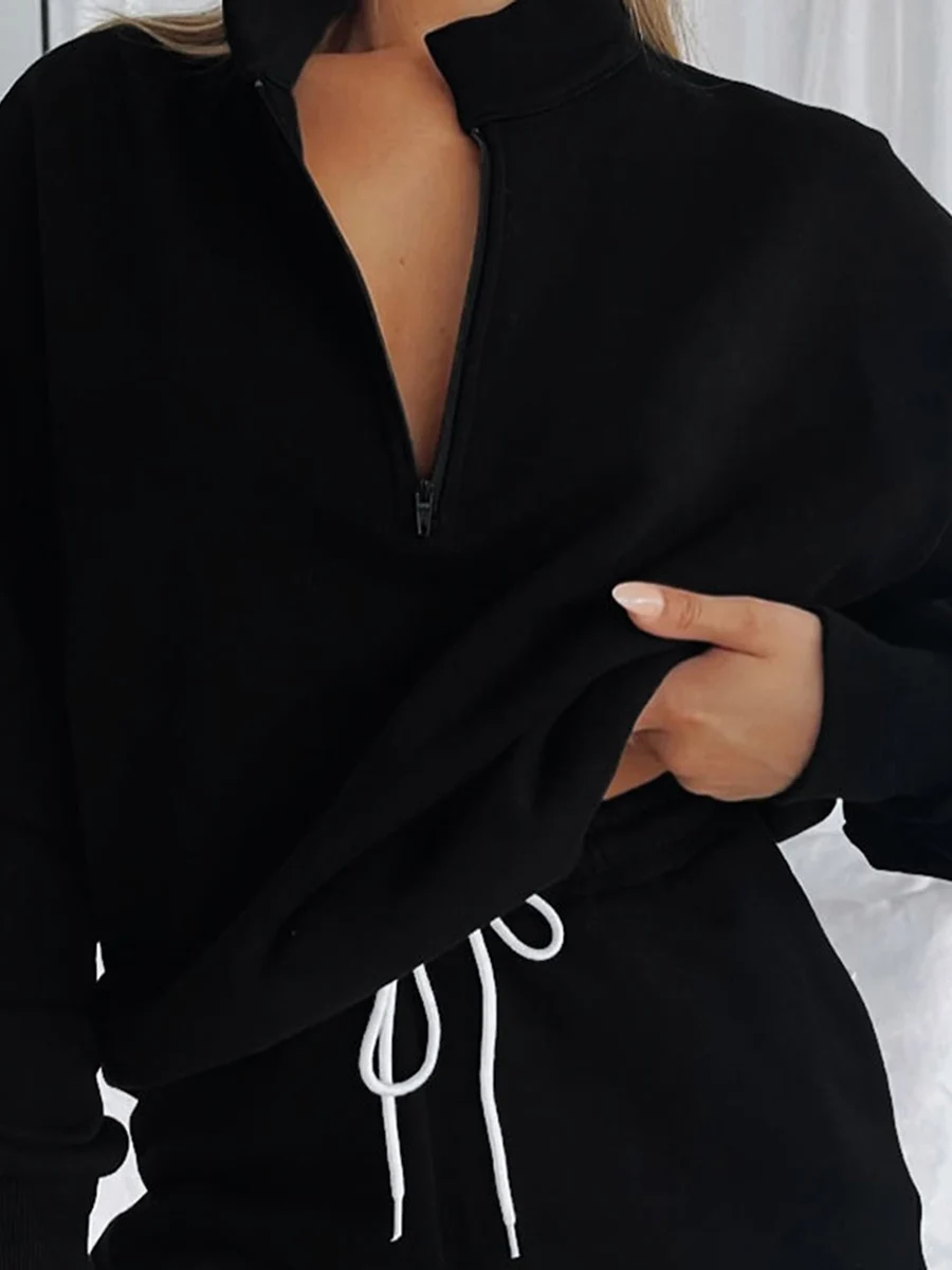 

Женская осенне-зимняя одежда для бега из двух предметов, модная Толстовка с длинным рукавом и полумолнией, с высоким воротником, Модный комплект с шортами