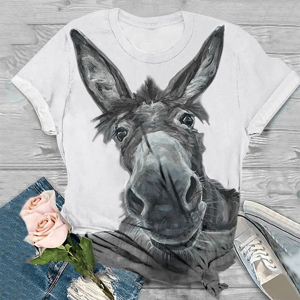 

3D Blouse O-Neck Tops Size Printed Tee Sleeve Women T-Shirt Animal Short Long Sleeve Cotton Women Blouses Office Lady