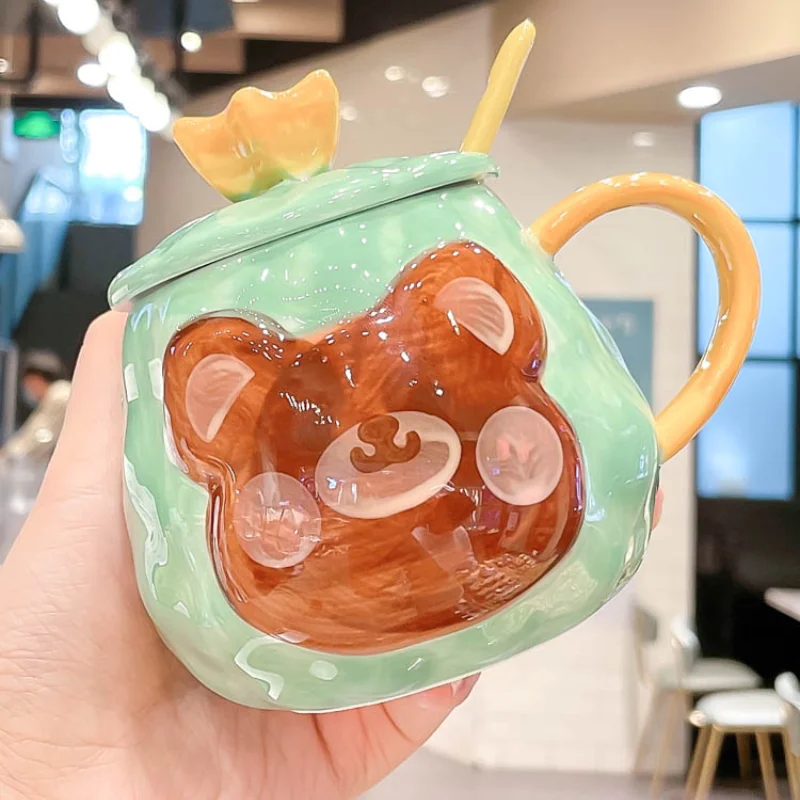 

Cartoon Creative Handle Mug with Lid Spoon Female Cute Water Cup High-value Milk Coffee Cup Couple A Pair of Household Ceramics