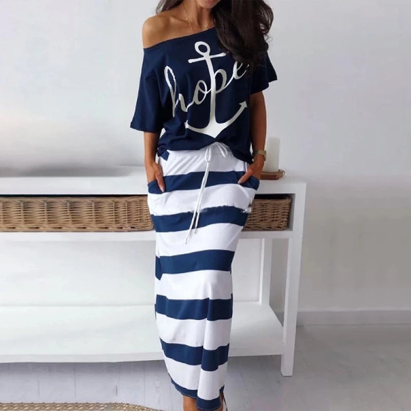 Casual Dress Suit Women Fashion Letter Printed Striped Skirt Two Pieces Sets Boat Anchor Print Off Shoulder T-Shirt Skirt Set