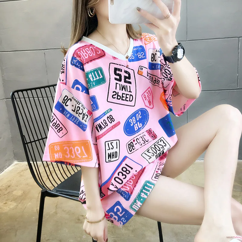 

Ins Hot Short Sleeve for Woman T Shirt Fashion Lether Print Loose Summer Print Cartoon T Shirts Aesthetic Harajuku L0631