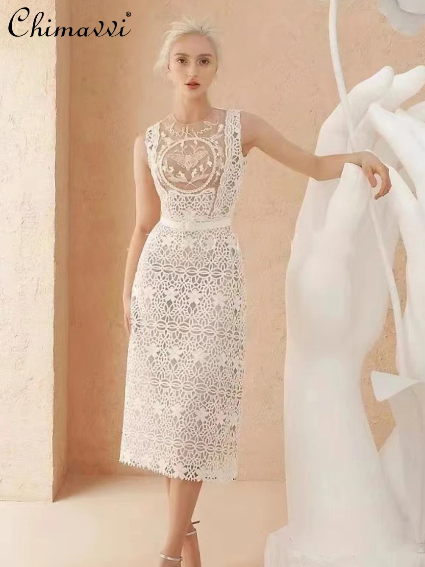 

Heavy Embroidery Mesh Lace Stitching Dress for Women 2022 Summer New Fashion High Waist Slimming Temperament Mid-length Dress