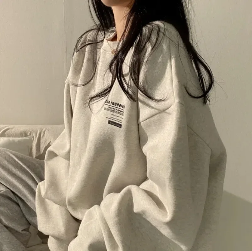 

2023 New Thick Warm Women Oversized Sweatshirt Cotton Fleece Letter Print Hoodies Tops O-Neck Autumn Winter Sweatshirt Pullovers