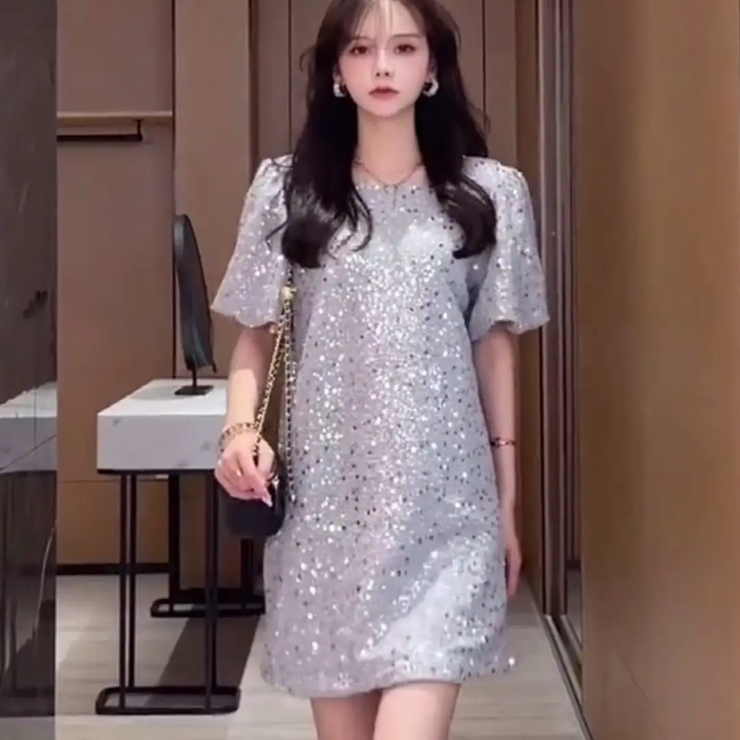 Fashion dress female fashionable sequins loose short skirt puff sleeve sexy dress  harajuku  korean dress