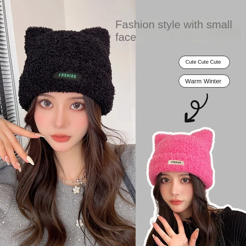 

Fashion Plush Hats for Women Korean Version Cute Cat Ear Pullover Cap Autumn and Winter Ear Protection and Cold Beanies Hat