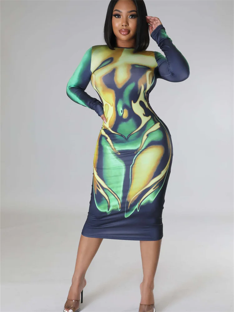 

Habbris Fall Sexy Print Bodycon Midi Dresses Club Outfit For Women 2022 Long Sleeve O Neck Party Long Dress Female Casual Dress