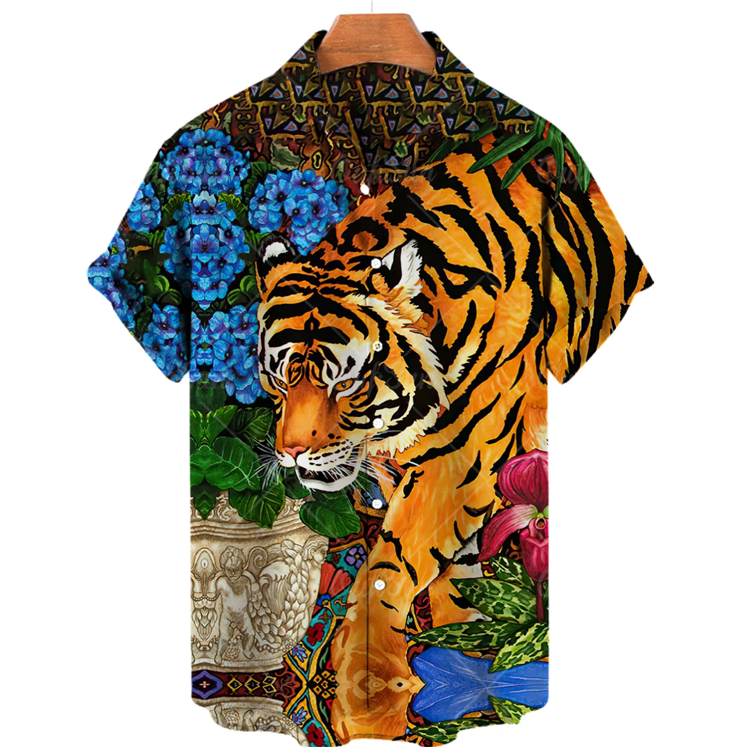 

Рубашка мужская с принтом тигра, гавайская блуза с коротким рукавом, Повседневная модная свободная сорочка оверсайз, лето